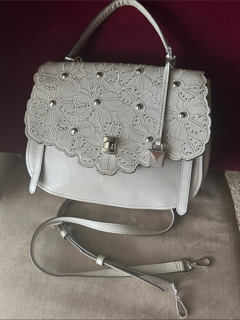 Elegant Floral-Embellished White Leather Satchel